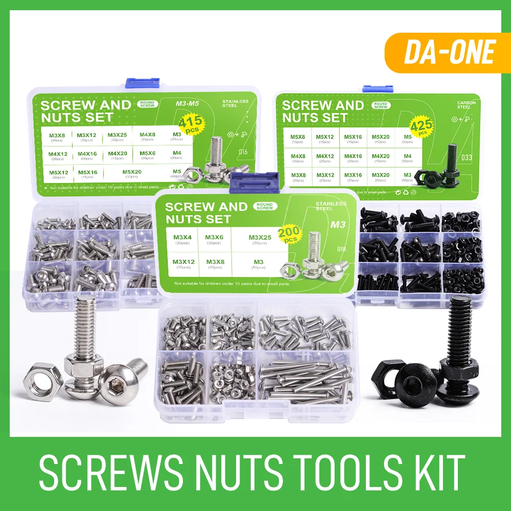 200/300/425 Pcs Screws Nuts Assortment Kit M3 M4 M5 Stainless Steel Black 304/10.9 Round Head Socket Bolt Hex Nut Set Tool Box
