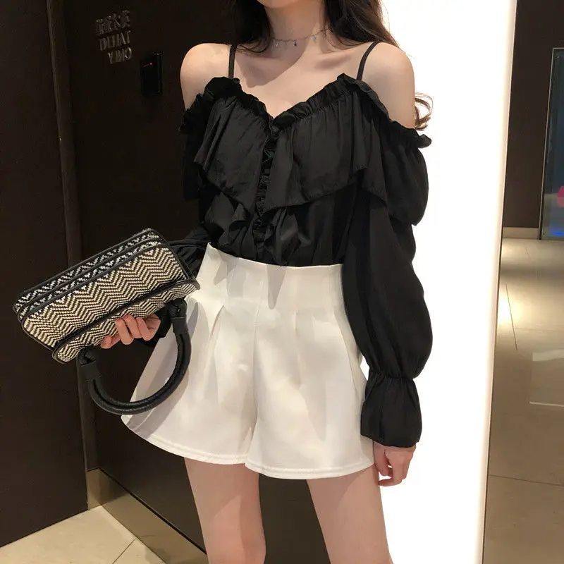 

Off Shoulder Blouses Women Ruffles Sexy Party Design Stylish Ulzzang Solid Feminine Leisure All-match Spring Soft Popular Ins