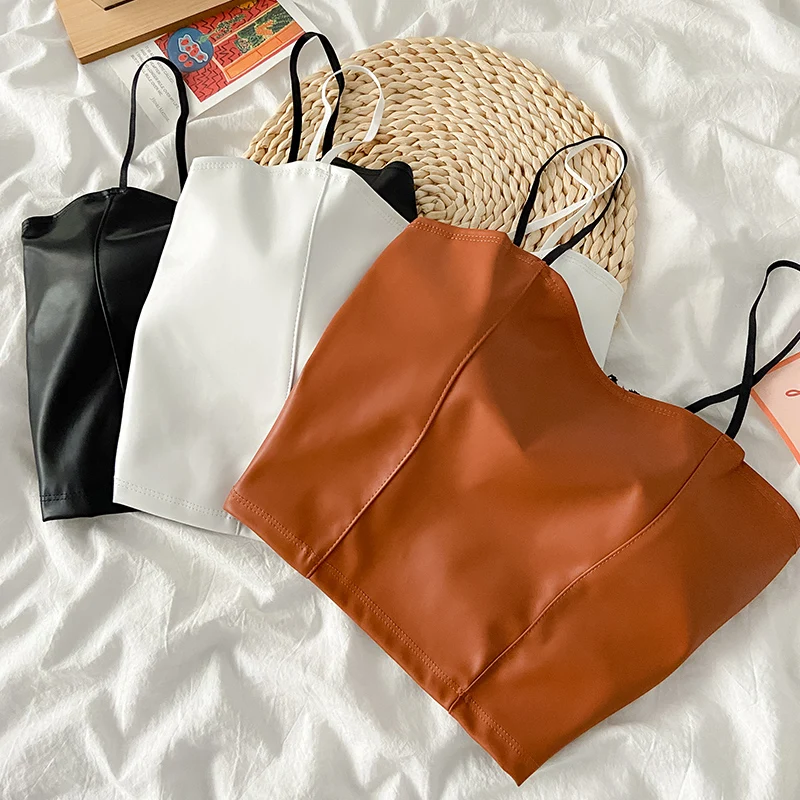 

Summer Babes Camisole Sexy Slim Spaghetti Strap Women Cropped Tops European American Style Out Wear Ladies PU Leather Tanks Top