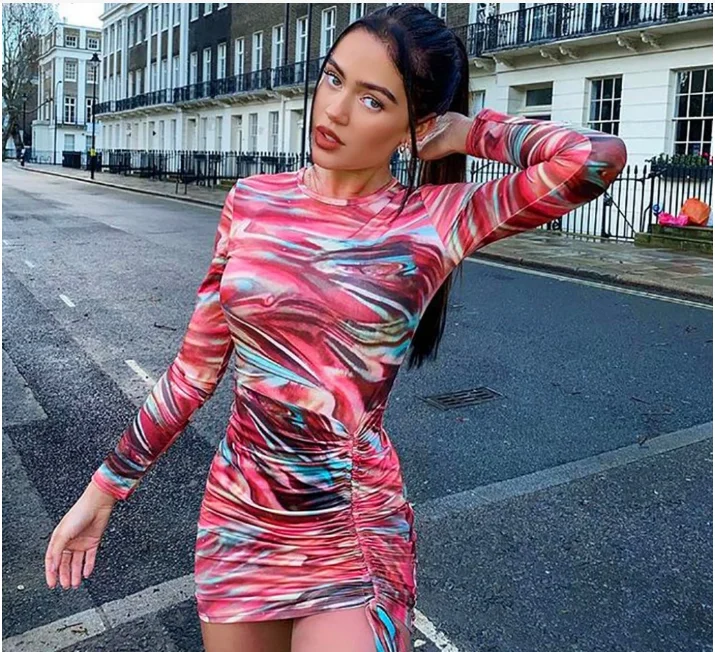 

Women Pleated Long Sleeve Knit Dress Casual Oversized Multicolor Tie-dye Print Mini Custom Made