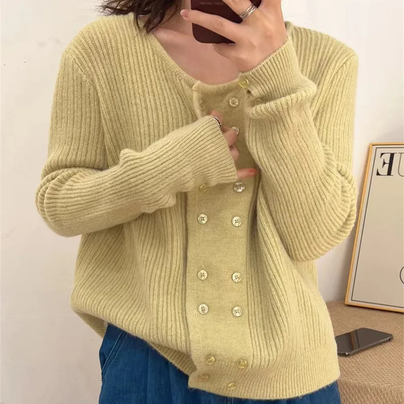 Женский вязаный кардиган с длинным рукавом элегантный свободный двубортный