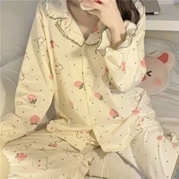 houzhou spring autumn pajamas for women kawaii strawberry bear print pijamas ruffles flared sleeves pyjamas sleepwear loungewear