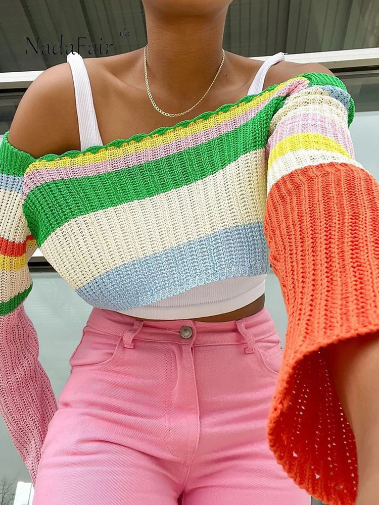 

Nadafair Strapless Long Sleeve Knitted T Shirts Women Autumn Striped Patchwork Crop Tops Y2K Fashion Holiday Casual Sweater