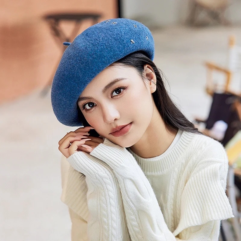 Buta Beret Women Wool Beilei Autumn and Winter Korean Sle Japan fashion Painter Cap Black British Retro Big Head Circumference