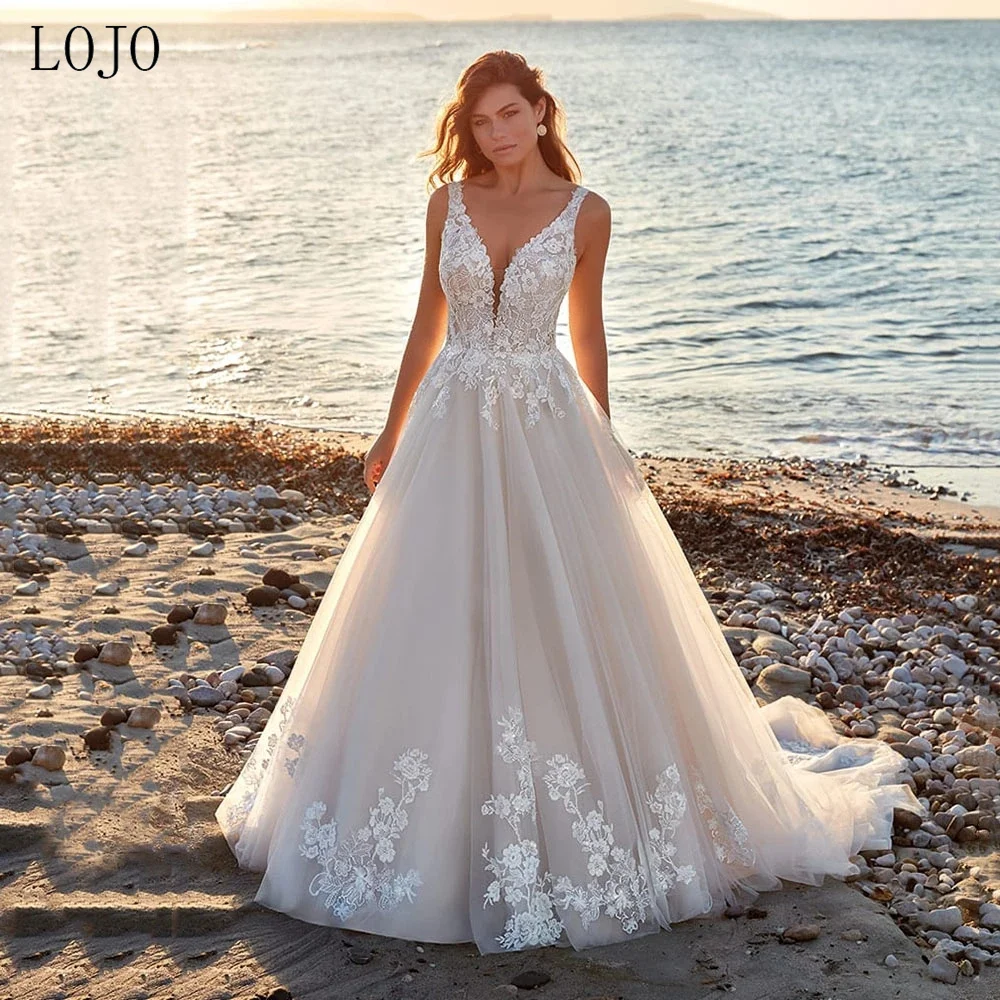 

LOJO wd192 Lace Appliques Wedding Dress V-Neck Backless Sleeveless Tulle Bridal Gowns A-Line Sweep Train Vestidos de Novia