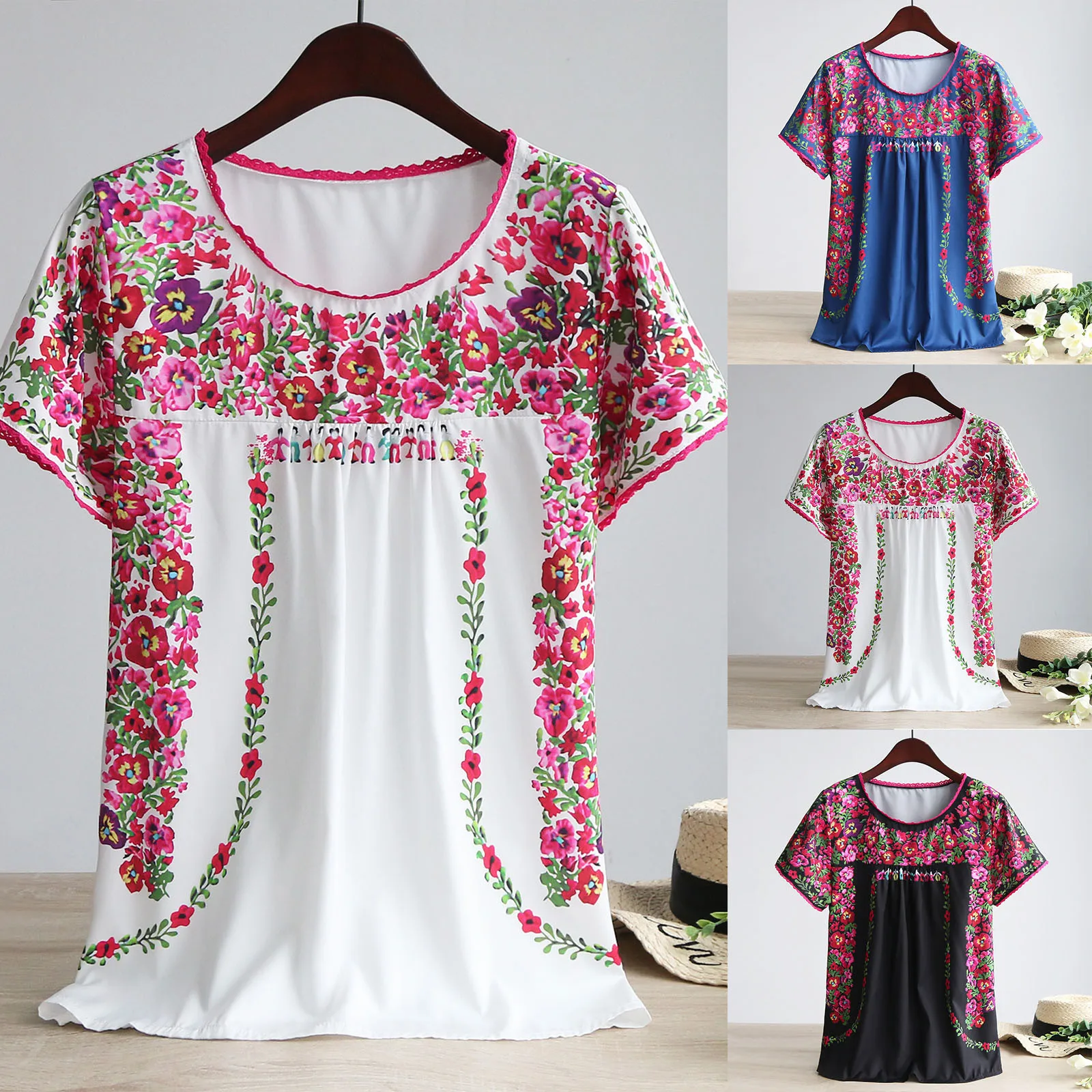 

Женская футболка с коротким рукавом, круглым вырезом и цветочным принтом