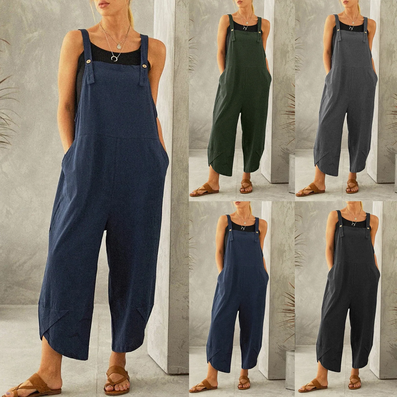 

Plus Size 2023 Autumn Women Loose Casual Vintage Overalls Cotton Linen Rompers Long Jumpsuits Solid Strappy Pockets Dungarees