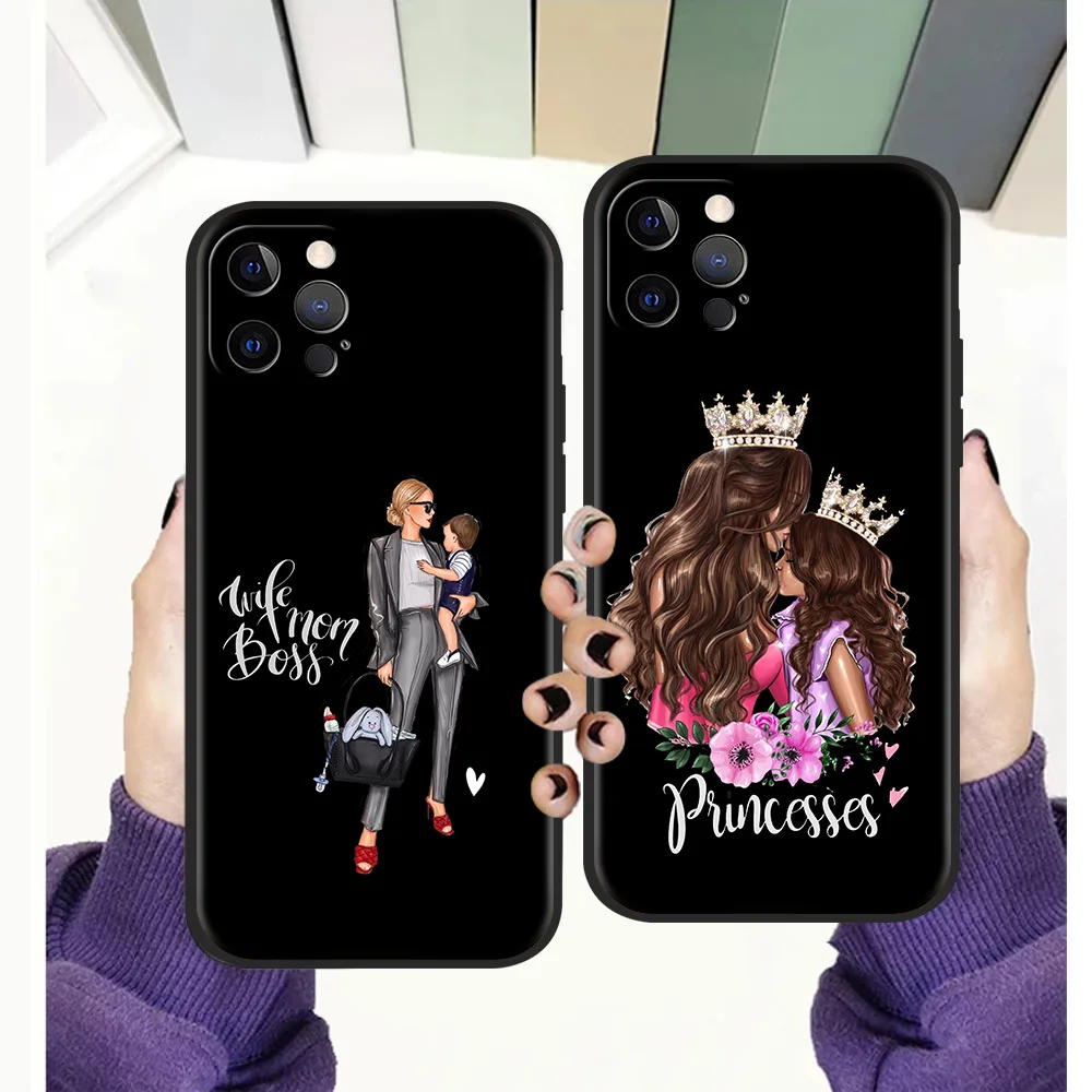 

Brown Hair Baby Mom Girl Son Shockproof For iPhone 13 12 11 Pro Max 8 7 Plus SE2020 Case Soft Cover For iPhone X XR XS Max Shell