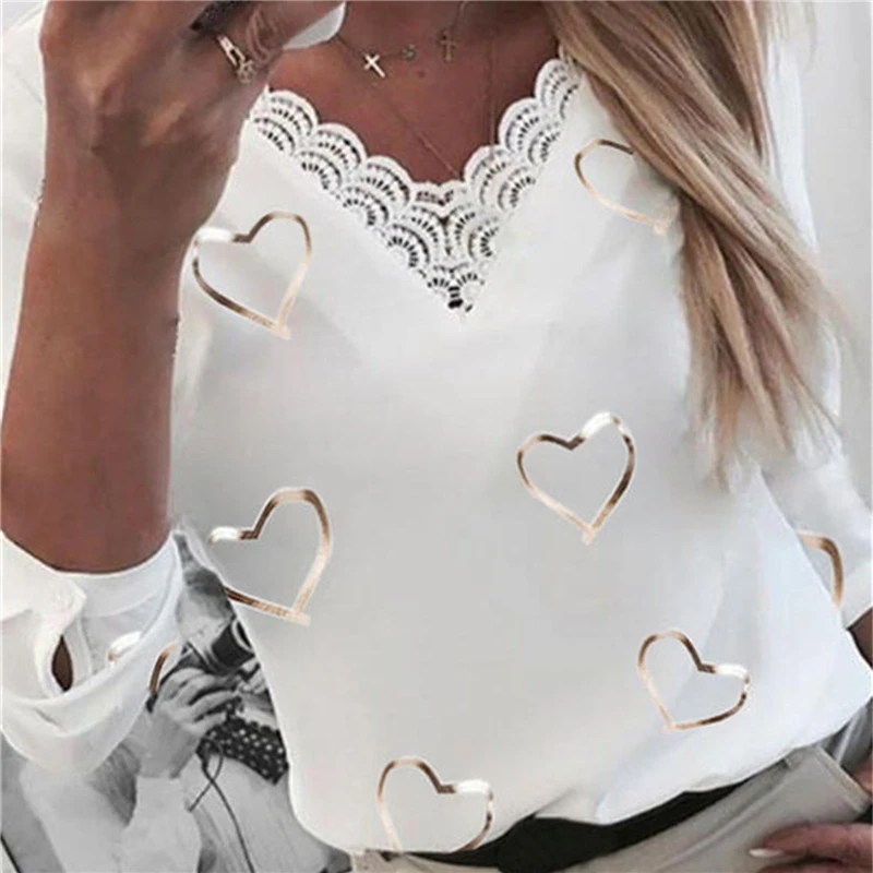 

Lace Elegant Blouses Office Women Hearts Print Blouses V-neck Lace Patchwork Long Sleeve Shirts Top Blouses Женские Вещи