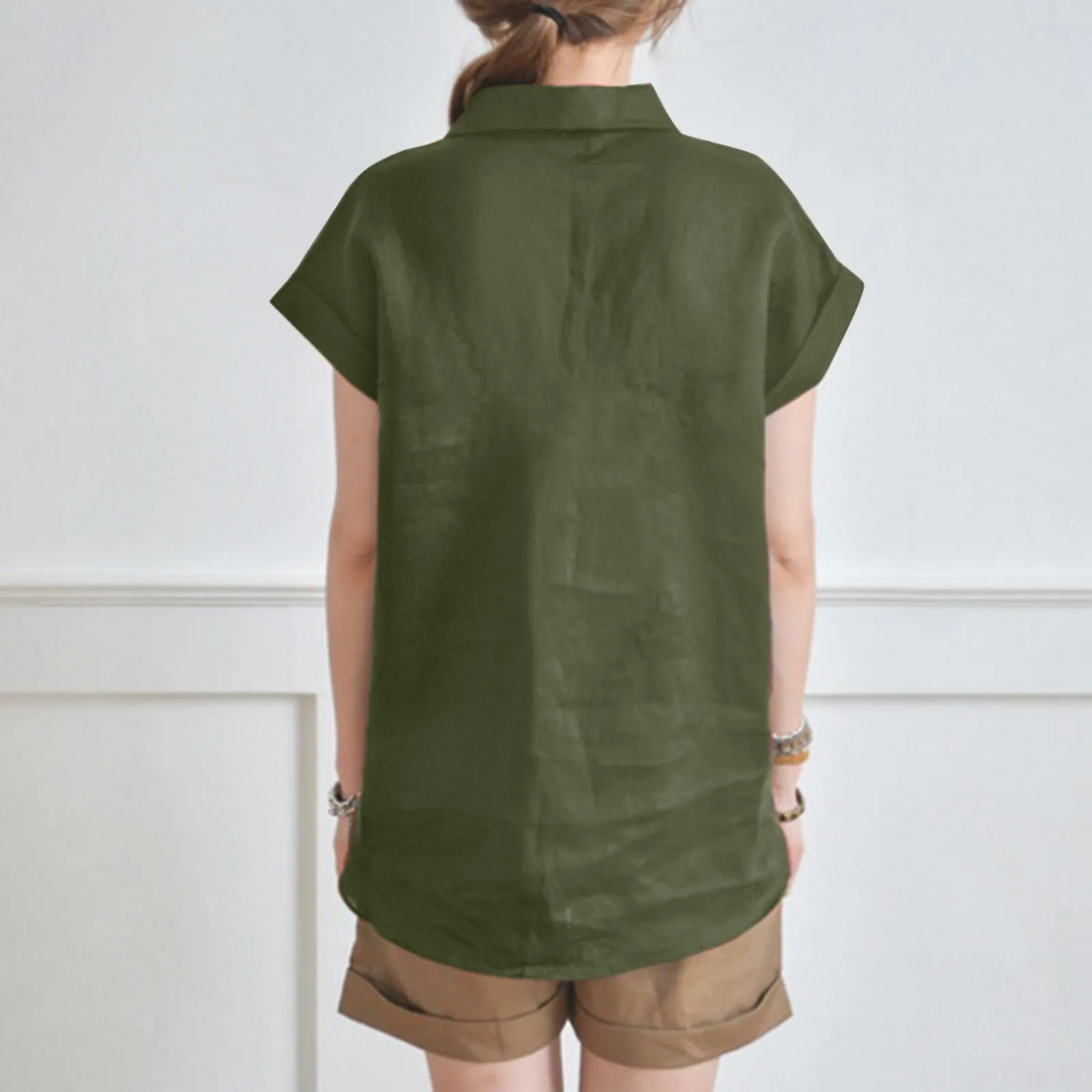 

Женская шифоновая рубашка с коротким рукавом, V-образным вырезом и карманами