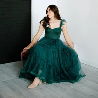 vinca sunny dark green prom dresses spaghetti straps tiered tulle prom gowns tea length women wedding party evening dress