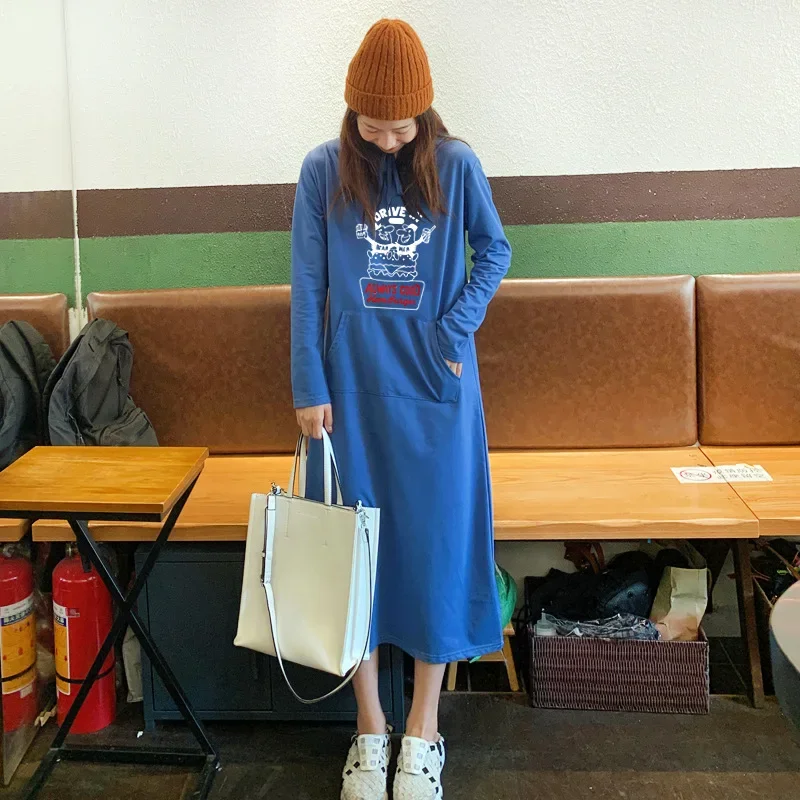 Spring Autumn Thin Printed Sweatshirt Dress Long Sleeve Pullover Hooded Loose-Fit Plus Size |