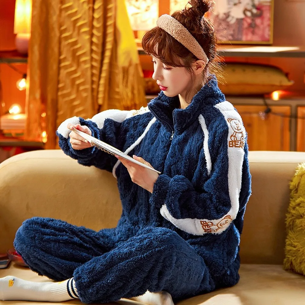 Thickened Flannel Women's Pajamas Set Warm Coral Fleece Pajamas for Women Nightgown Winter Home Service Sleepwear pijama mujer