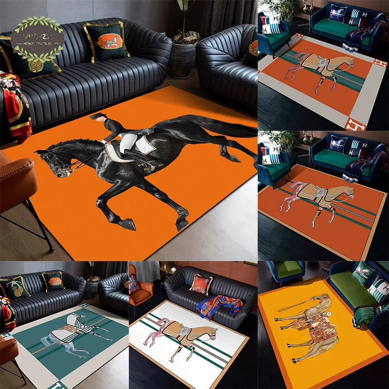 

Horse 3d Printing Carpet Trendy Ethnic Room Rug Rectangle Flannel Bedroom Bedside Black Orange Floor Mat Living Room Home Decor