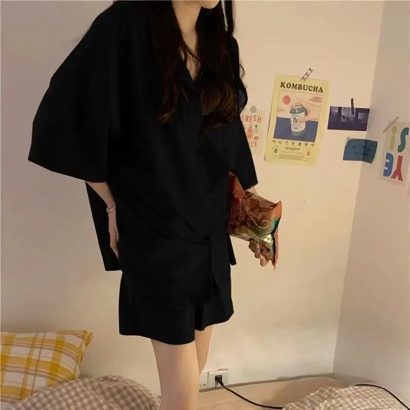 

Пижамный комплект женский из 2 предметов, комплект с шортами в японском стиле, одежда для отдыха в Корейском стиле, однотонный домашний костюм с коротким рукавом, Ночная одежда, на лето