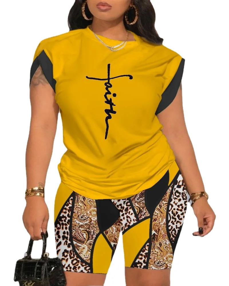 Casual Two Pieces Set Women Outfit Summer Fashion Letter Printed O Neck Short Sleeve T Shirt Top Shorts Suit Female Tracksuit