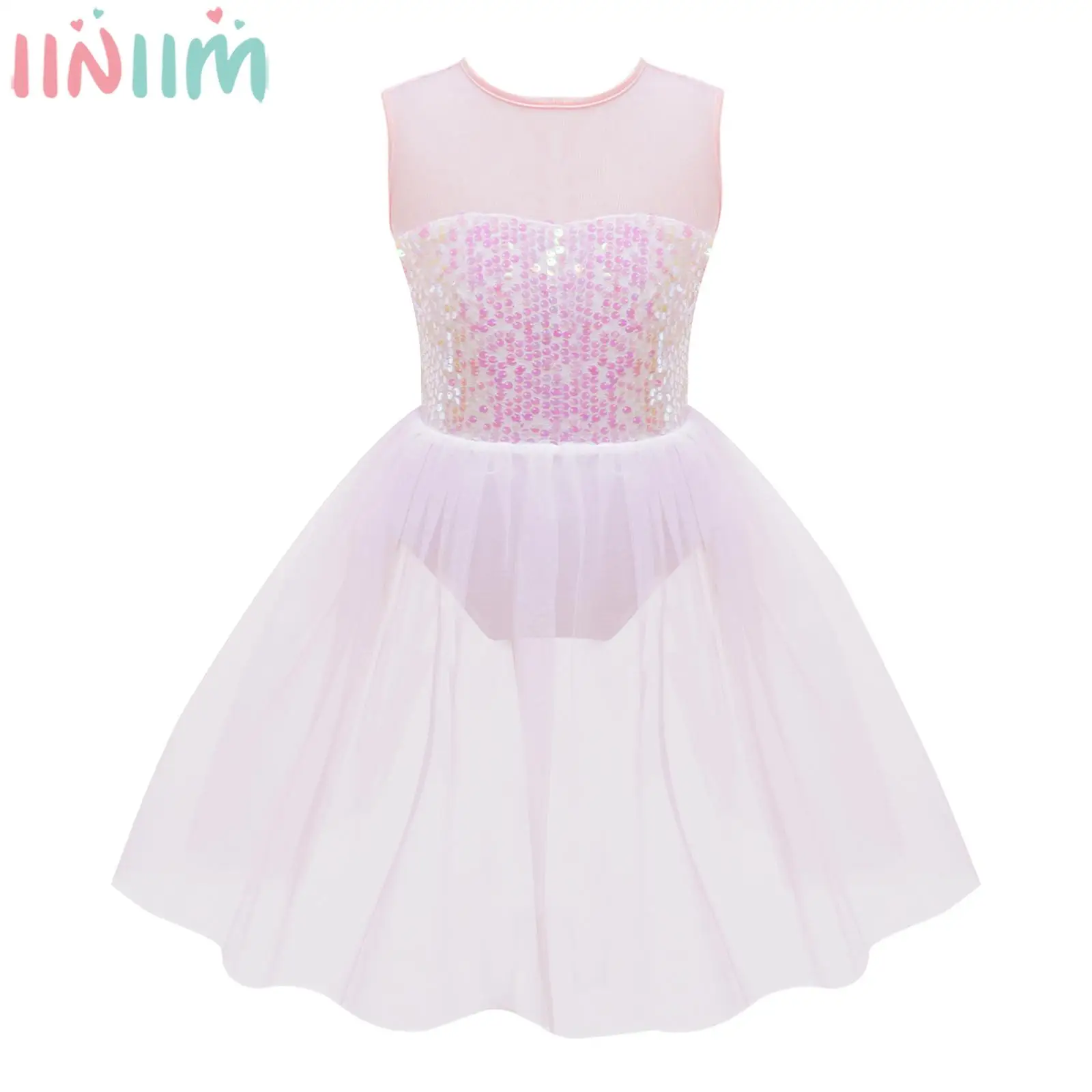 

4-14Y Girls Sequin Mesh Ballet Tutu Figure Skating Gymnastics Lyrical Dance Leotard Dress Party Prom Stage Performance Dancewear