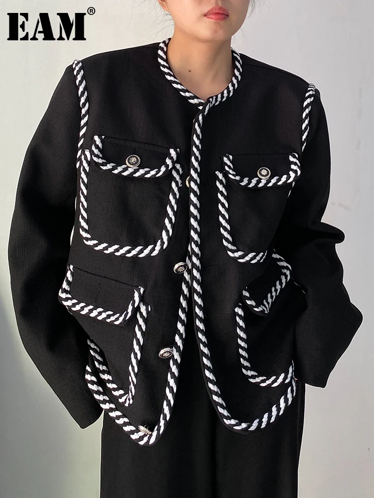 

[EAM] Loose Fit Black Striped Elegant Big Size Jacket New O-neck Long Sleeve Women Coat Fashion Spring Autumn 2023 1DF3876