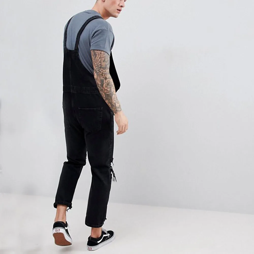 Fashionable Bibs Men Jeans Suspender Denim Jumpsuit Ripped Hole Pants Streetwear Full Length Overalls Black Trousers