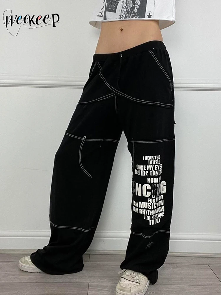 

Weekeep/черные Прошитые спортивные штаны, уличная одежда, мешковатые прямые брюки с низкой посадкой, брюки в Корейском стиле, хиппи, спортивные штаны для женщин, Y2k Basic