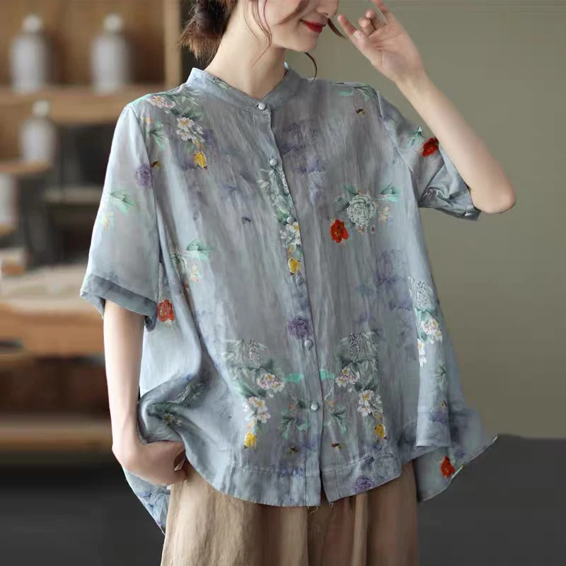 2022 Summer New Arts Women Short Sleeve Stand Collar Loose Shirt Vintage Flower Print Cotton Linen Blouse Female Tops C246 |