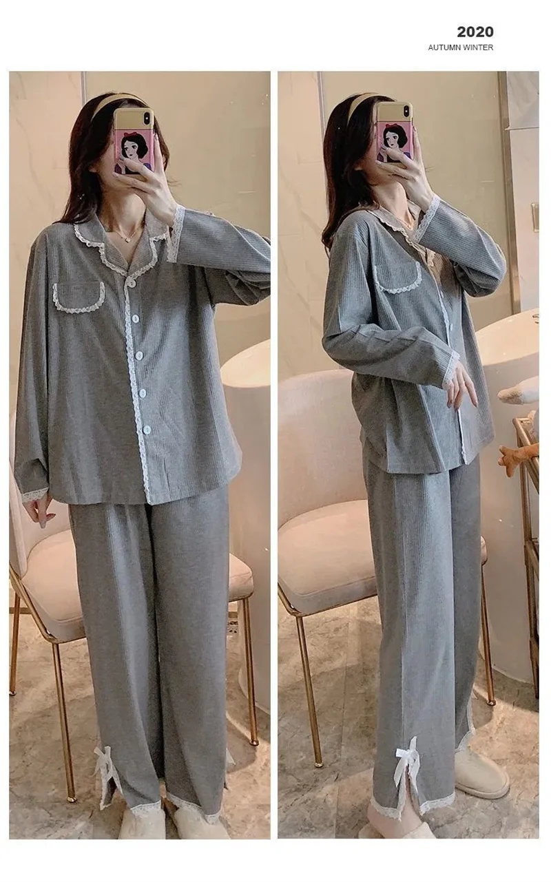 Pajamas Set Sexy Lace Sleepwear For Women Comfortable Full-Sleeve Pyjama Women's Fashion Princess Grey Homewear Big Size
