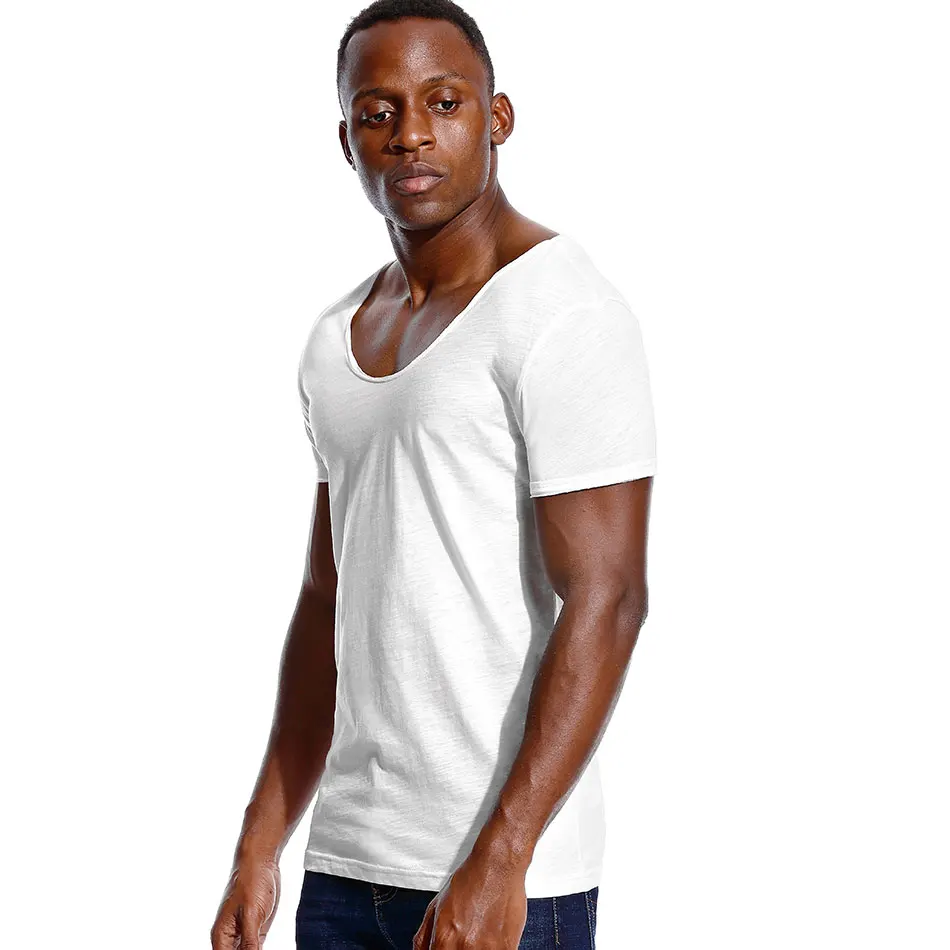 

A2421 Deep V Neck Slim Fit Short Sleeve T Shirt for Men Low Cut Stretch Vee Top Tees Fashion Male Tshirt Invisible Casual