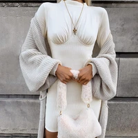 2022 patchwork white bodycon mini dress long sleeve ribbed knitting autumn short dress high waist casual winter dresses women