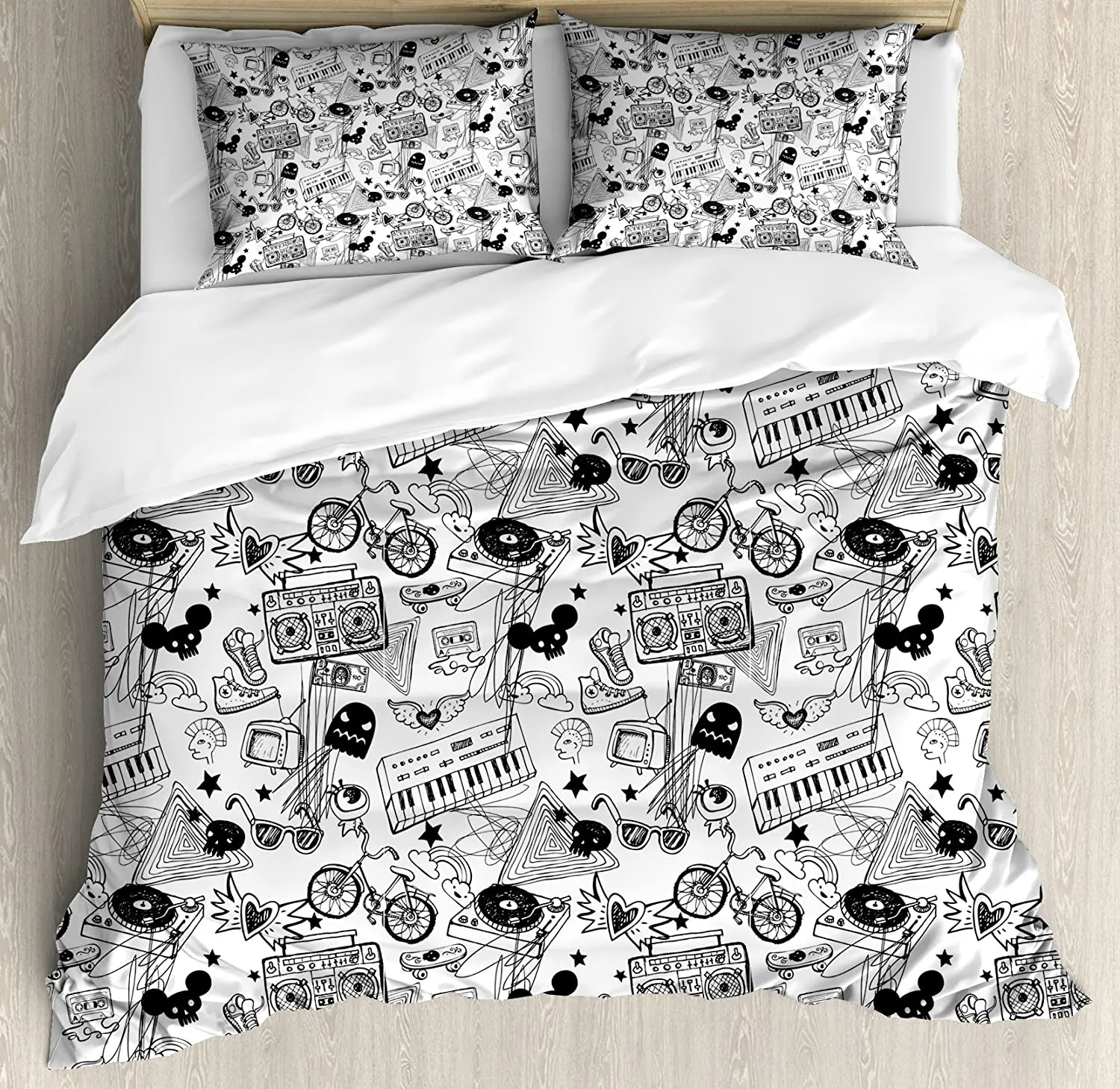 

Black and White Bedding Set For Bedroom Bed Home Punk Teenage Pattern Cassette Keyboard G Duvet Cover Quilt Cover And Pillowcase