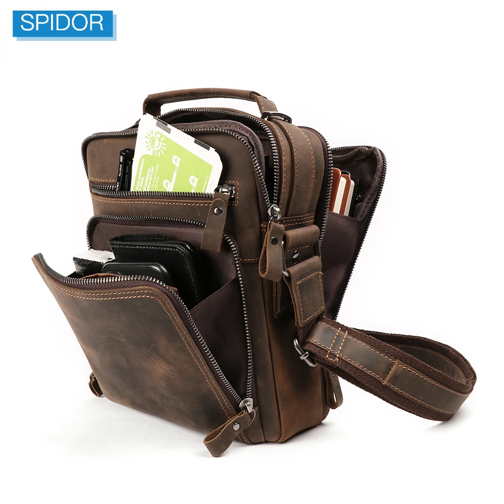 SPIDOR New Genuine Leather Men Vintage Handbags Small Flap Men's Shoulder Bag Casual Office Messenger Bags Fashion Crossbody Bag