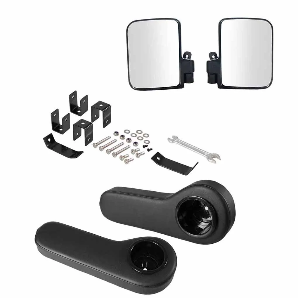 1 Pair Metal Golf Cart Side Mirror Portable Detachable Universal Replacing Vehicle Rear View Part Accessories with Cup Holder