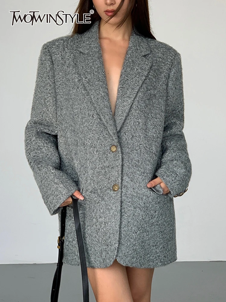 

Женский однотонный Блейзер TWOTWINSTYLE, свободный однобортный Блейзер составного кроя с английским воротником и длинными рукавами, Новинка