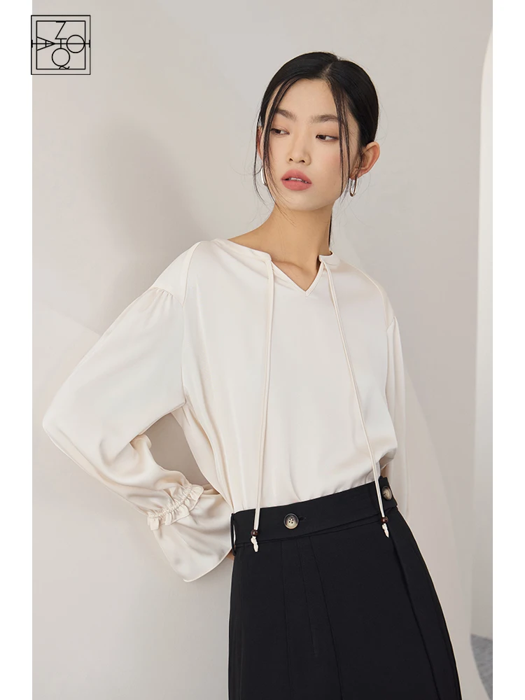 

ZIQIAO Commuter Style Long -sleeved Shirt for Female Early Autumn New Casual Loose High-level Sense Thin Lace-up Shirt Women
