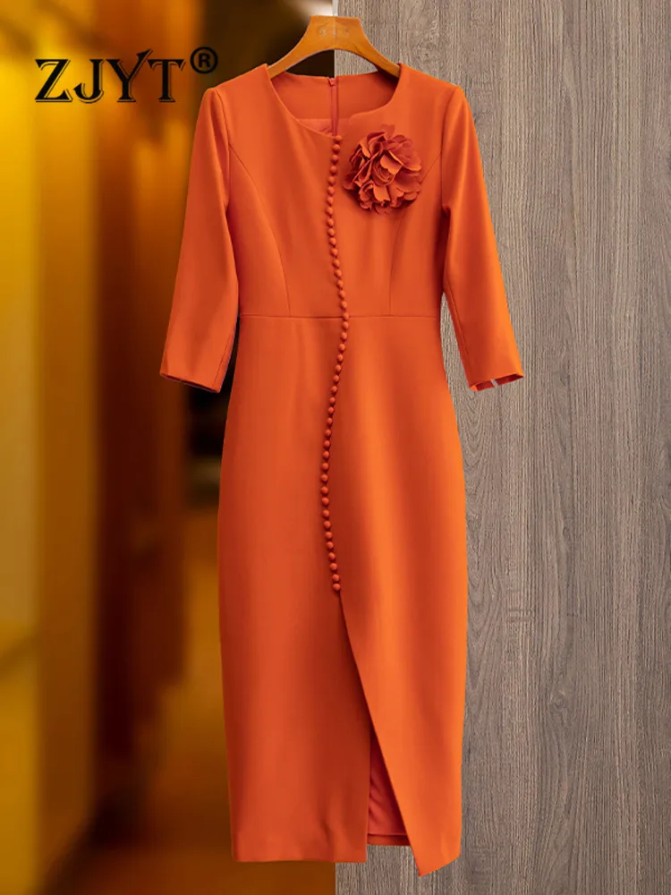

ZJYT Spring 3D Floral Midi Party Dress Women 2023 Elegant Luxury Buttons Decoration Evening Vestidos Straight Office Lady XXL