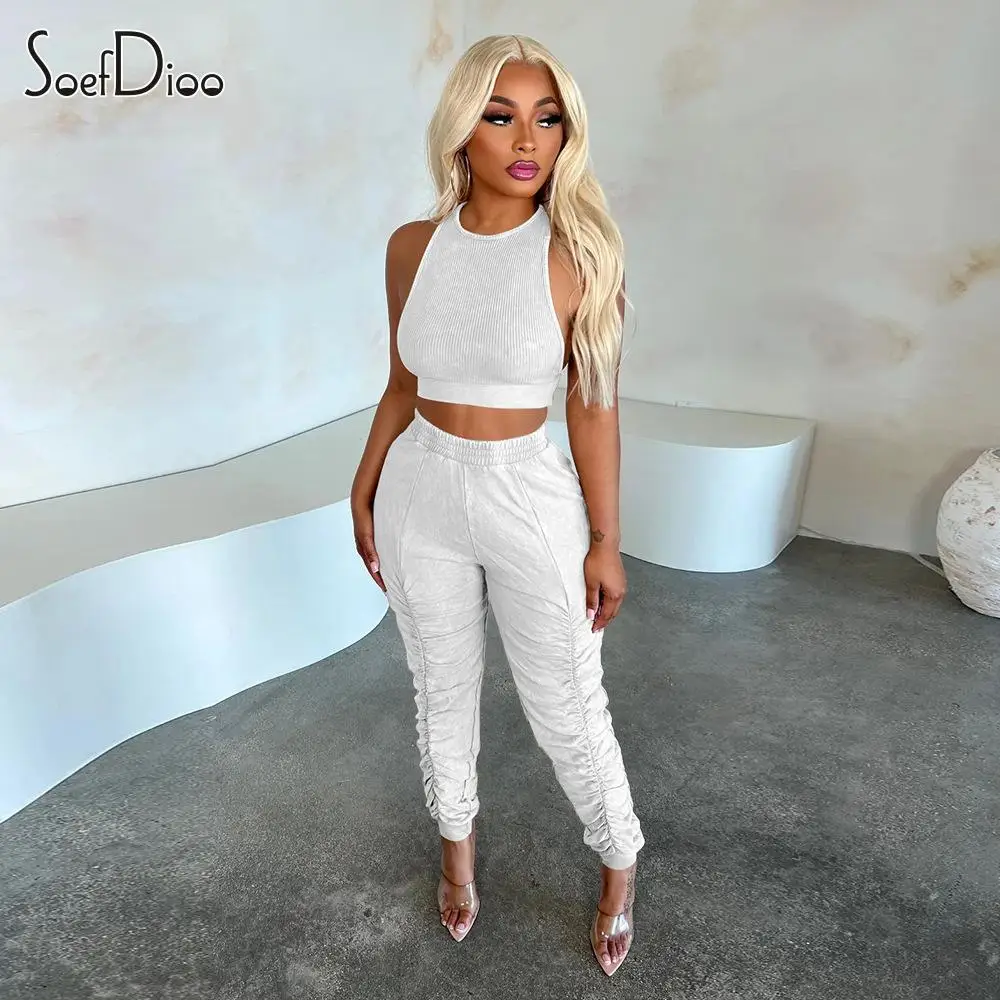 

Soefdioo Ribbed Solid Two Piece Set Women Casual Cropped Tank Tops and Ruched Pants Matched 2023 Fall Fashion Outfits Tracksuits
