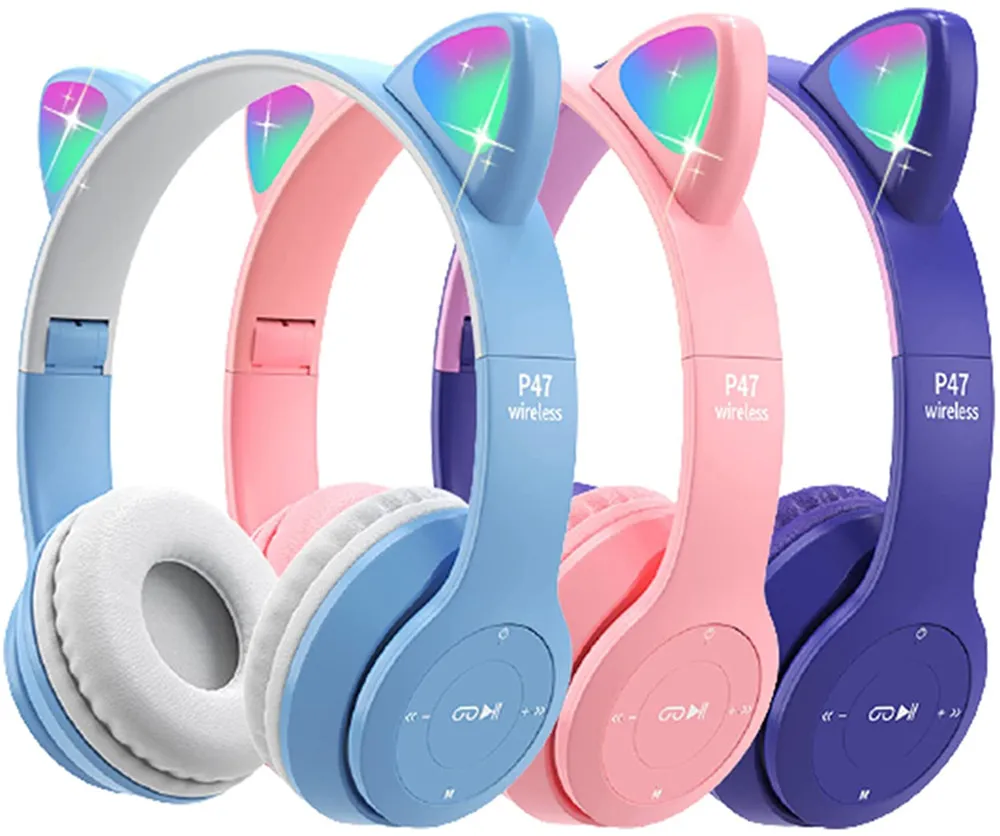 Bluetooth LED Cute Cat Ears Wireless Headphones With Mic Can Control Kid boy Girl Stereo Music Helmet Phone Headset Student Gift