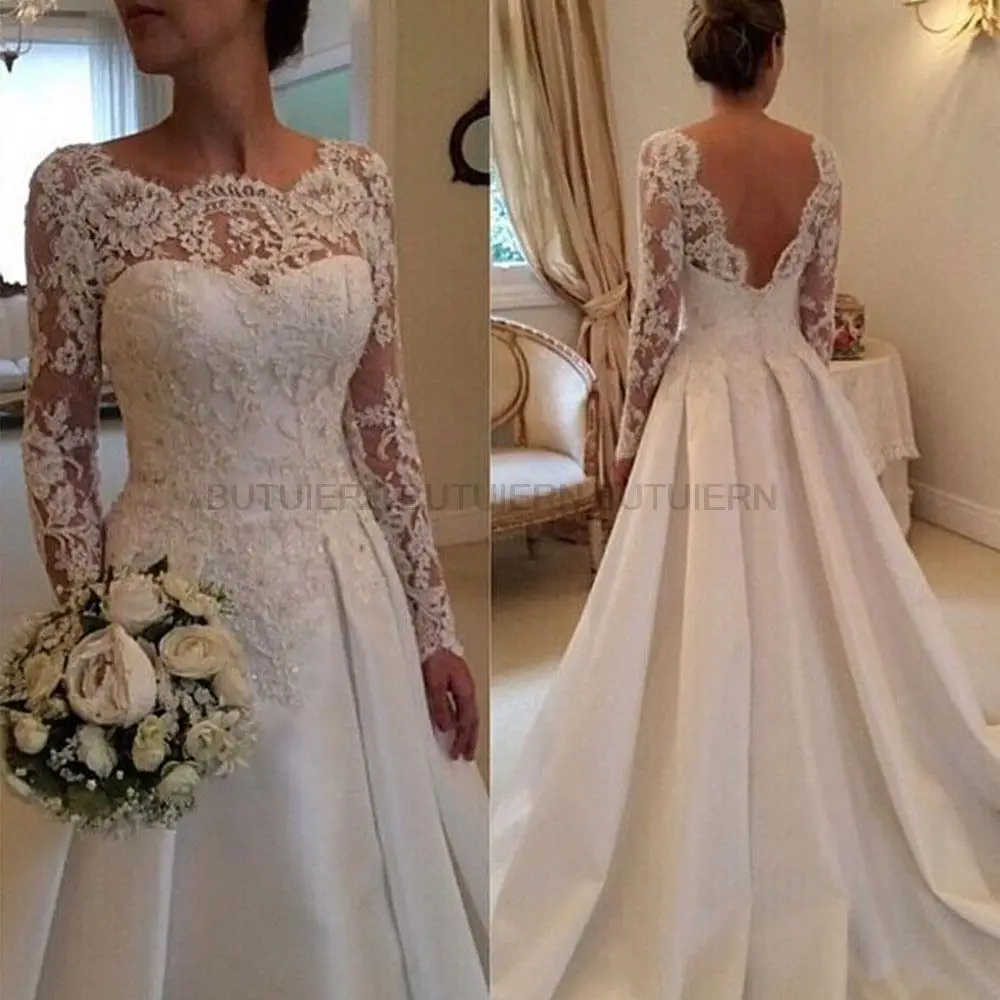 

Elegant Backless Wedding Dress 2023 Vintage robe de mariée Lace Satin Long Sleeve Bride Dresses 2022 Custom Made Robe De Mariee