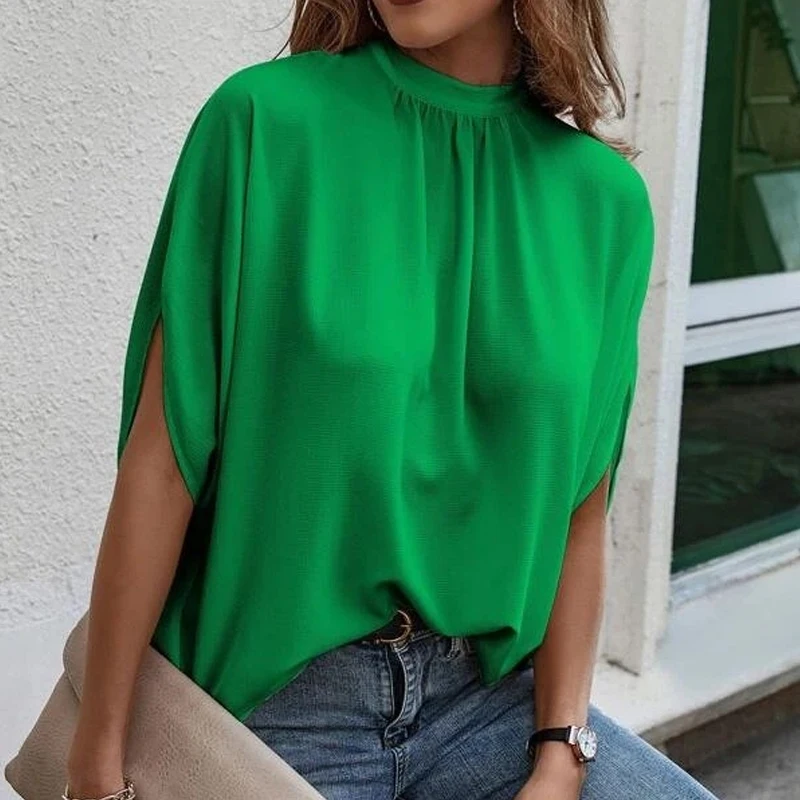 

Fashion Split Short Sleeve Tops Women Casual Solid Color Print Blouse Shirts 2023 Summer O-Neck Clothes Ladies New 26305