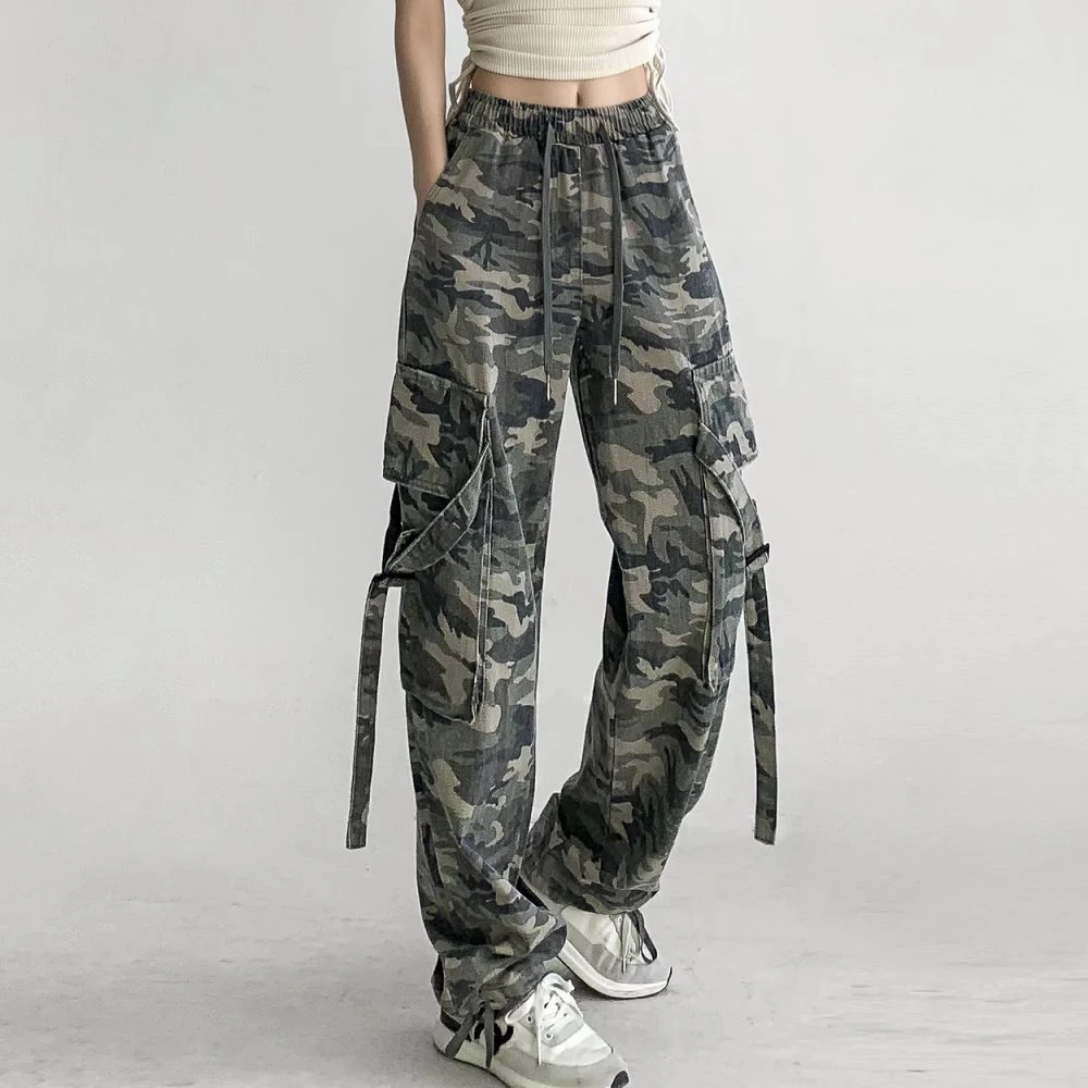 2023 New Women Cargo Pants Pocket Design Camouflage Print Women's Pants Female Clothes High Waist Cotton Long Trousers