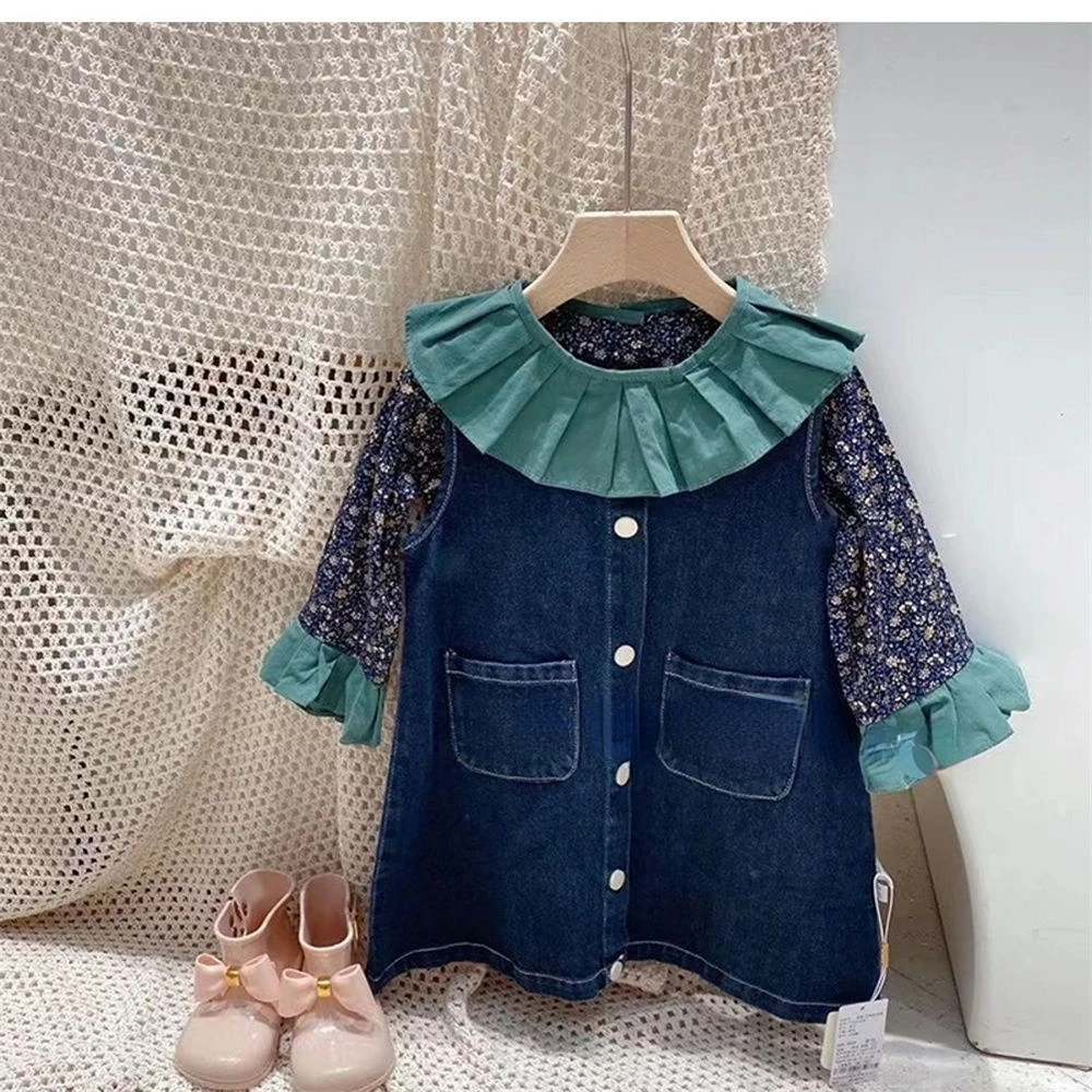 

Детская одежда 2022 костюм для девочек зеленый цветочный топ с лацканами Детская Хлопковая одежда синяя джинсовая юбка на бретельках комплек...