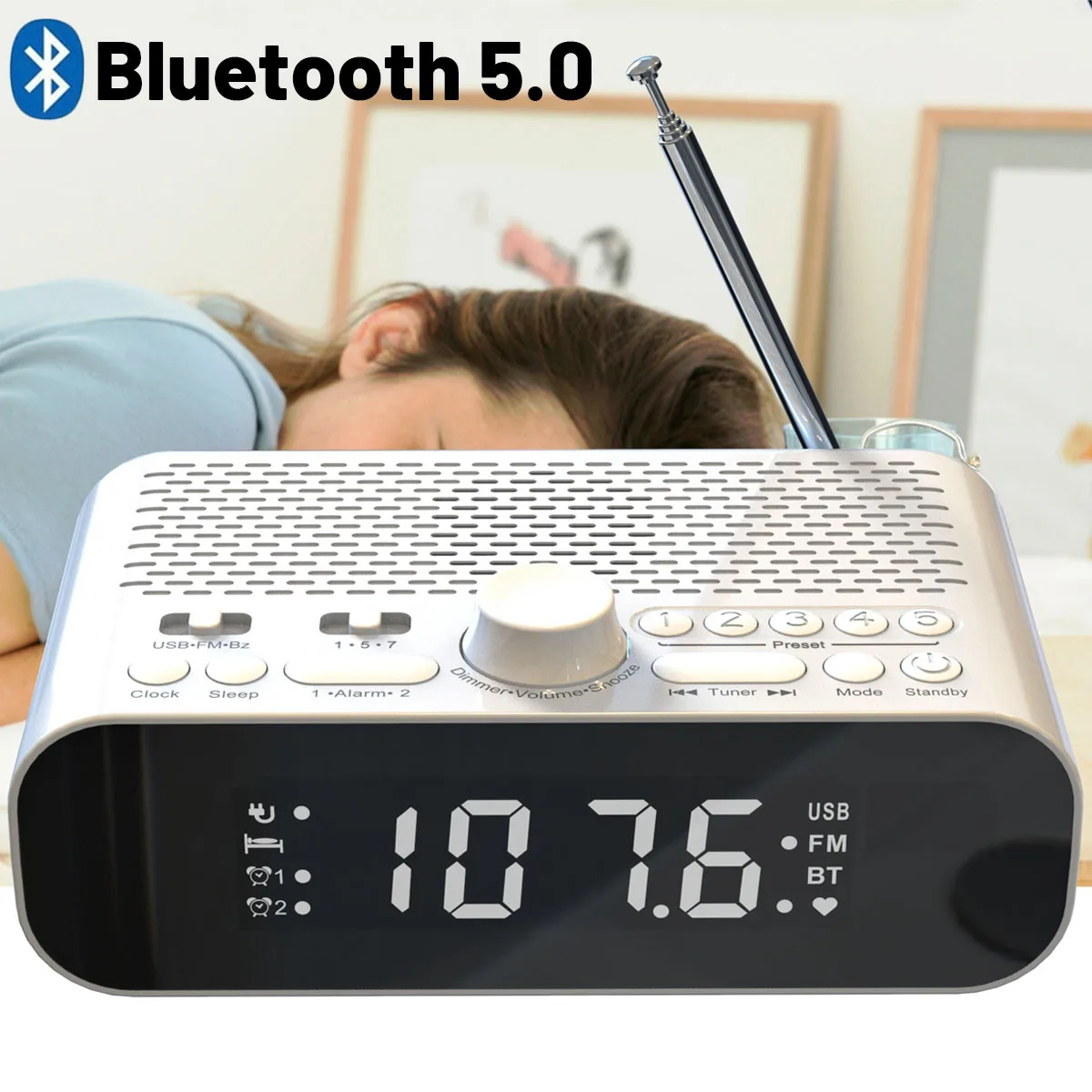 

Портативный FM-радиоприемник Bluetooth 5.0, динамик, MP3-плеер со стандартным цифровым дисплеем, Поддержка U-диска, двойной будильник, память отключения питания