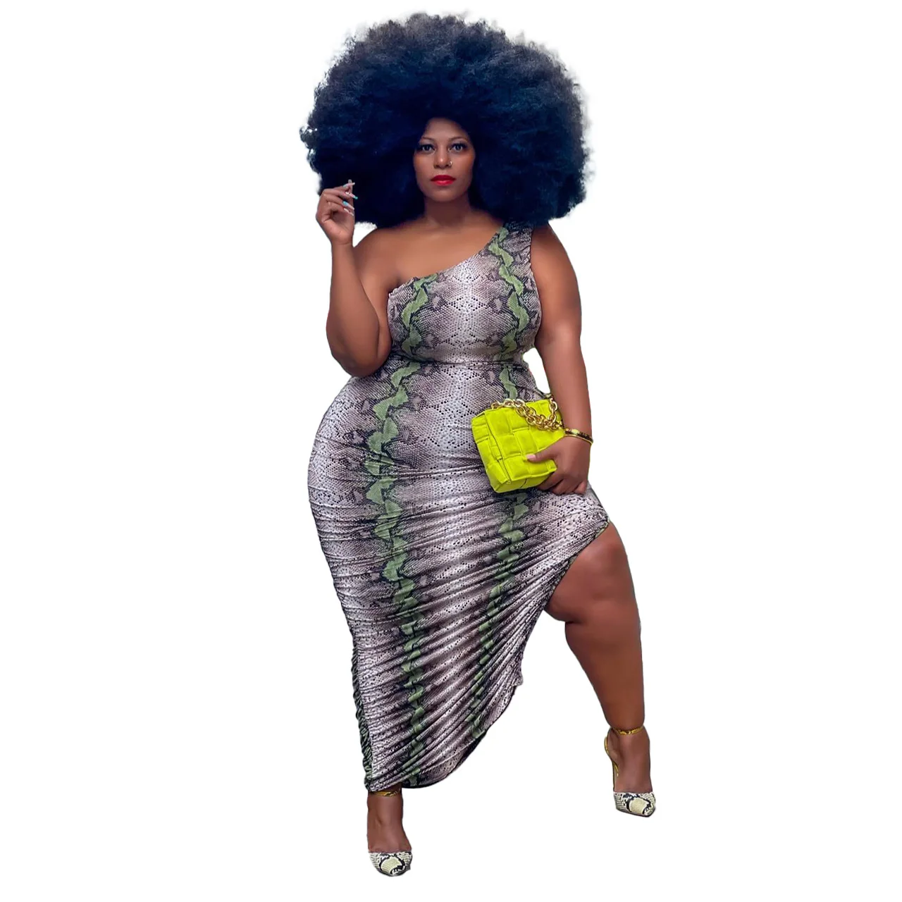 Plus Size Women's Dress Autumn/Winter 2022 New Snake Print One Shoulder Pleated Slit Sexy Dress Sexy Club Style Party Dress