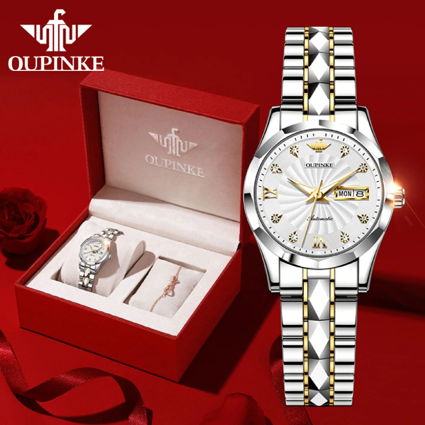 

OUPINKE Brand New Luxury Watch Women Bracelet Waterproof Automatic Mechanical Watches Jewelry Ladies Stainless Steel Clock Gift