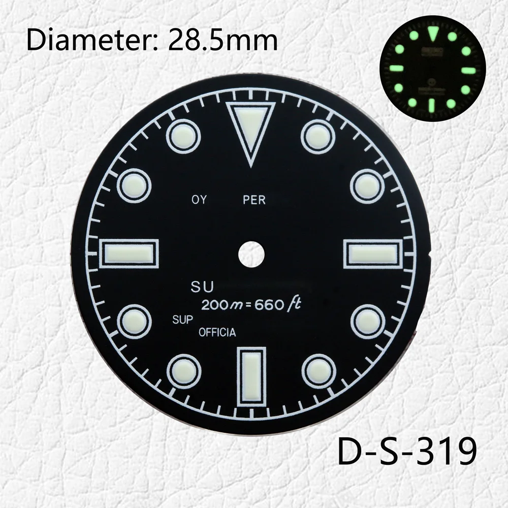 28.5mm SKX007/SUB Modification Green Luminous Dial Watches Accessories for NH35 NH36 Automatic Movement With S Logo Customizable
