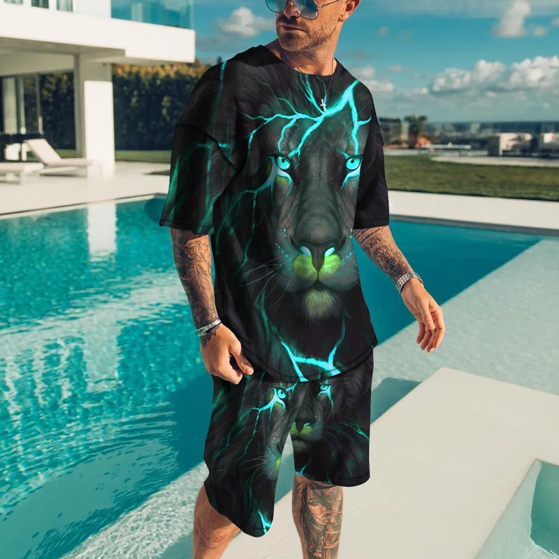 

Fashion Men's T-shirt Short Sleeve+Shorts Outfit 2 Piece Set Lightning Lion 3D Print Over-sized Tracksuit For Man Short Sleeve