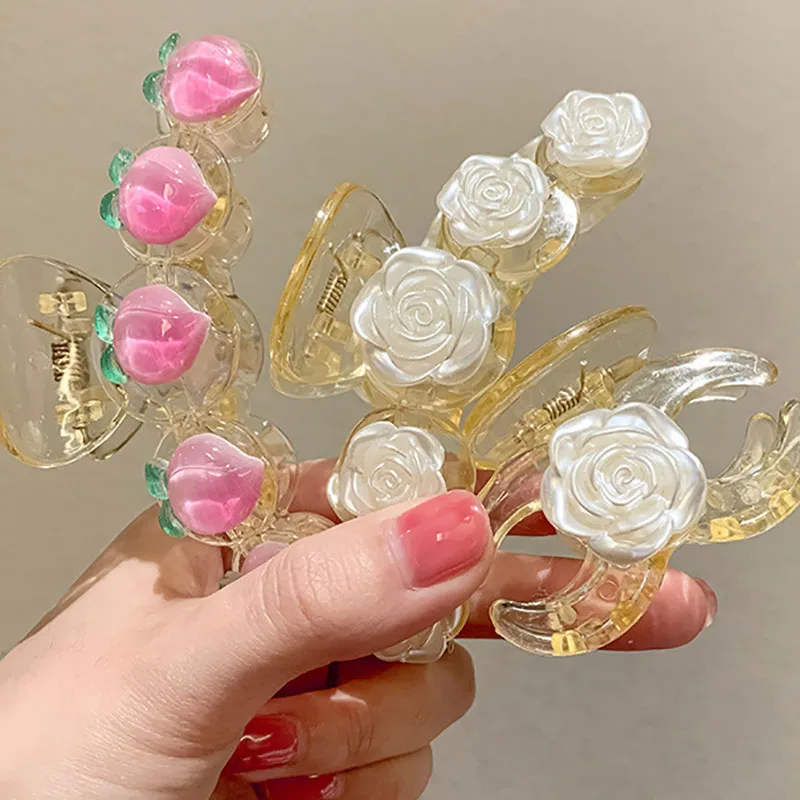 

Acrylic Hair Claws Pink Flower Transparent Claw Clips For Woman Small/Large Size Barrette Crab Ladies Fashion Hair Accessories
