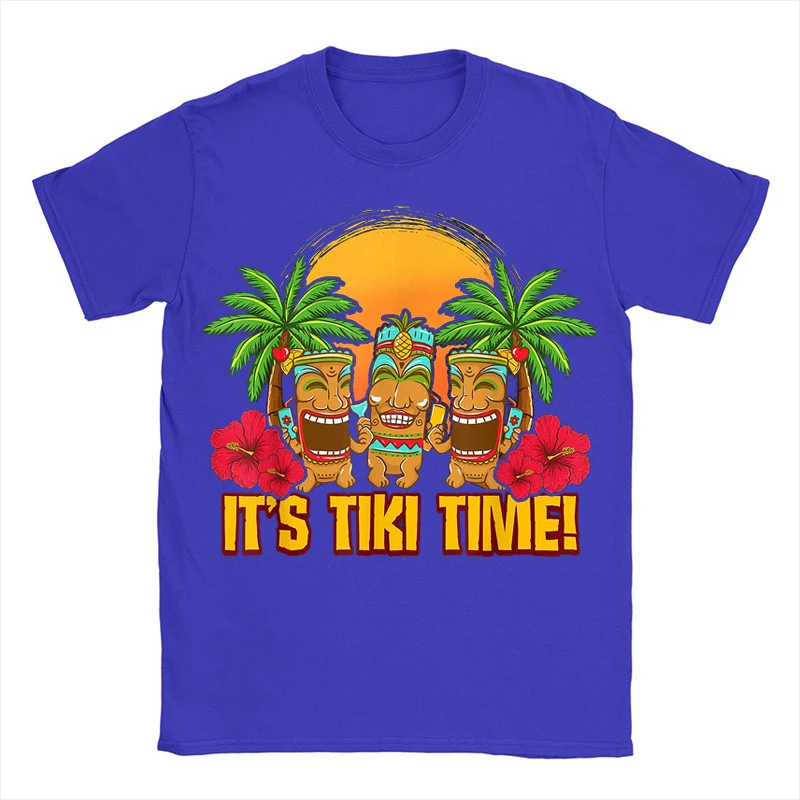 

Tiki Cotton T-shirt It's Tiki Time Funny Casual Tops Hawaii Cartoon Print Tee Men Women Anime Vintage Fashion Streetwear Blue
