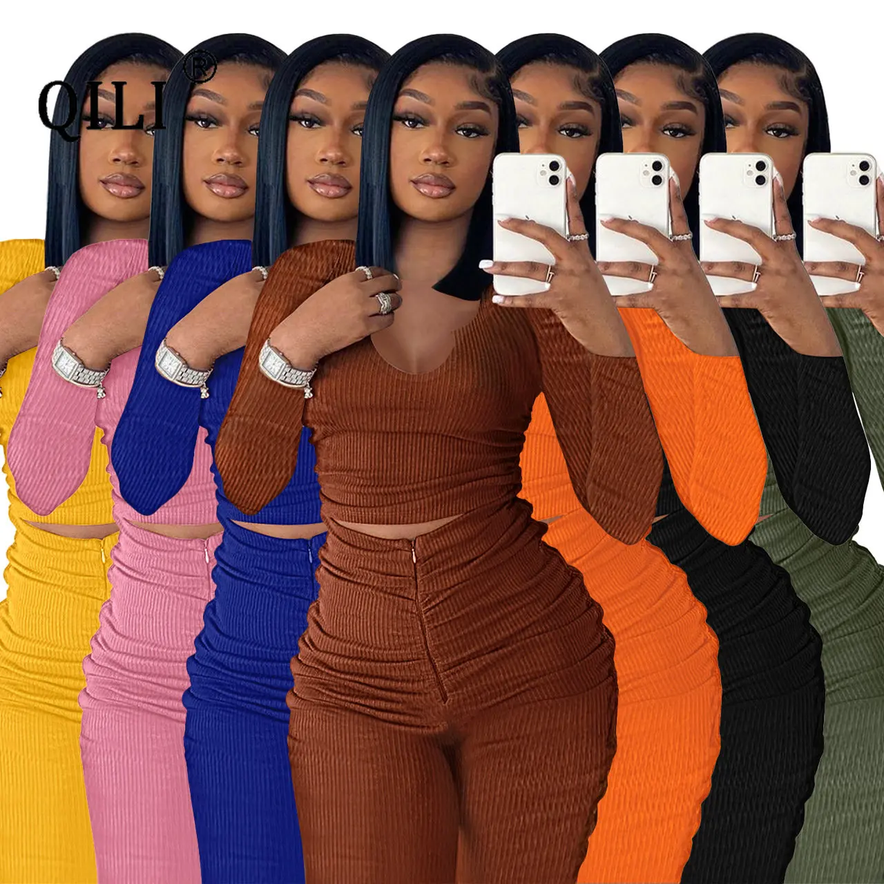 

QILI Two Piece Sets Womens Outifits Full Sleeve Bodycon Stretch Matching Ensemble Femme 2 Pièces Solid