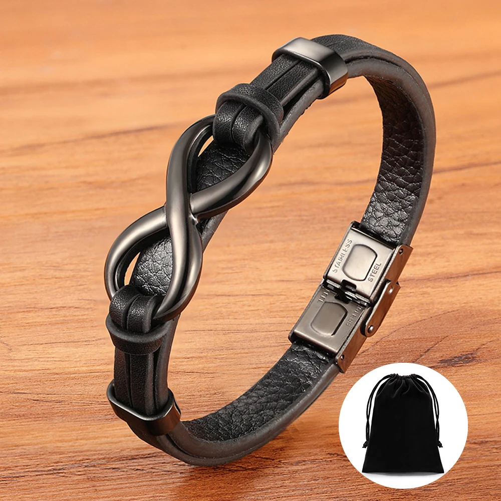 

TYO Luxury Real Leather Infinity Symbol Mens Bracelet Stainless Steel Buckle Bangles Jewelry Friendship Gift With Velvet Bag
