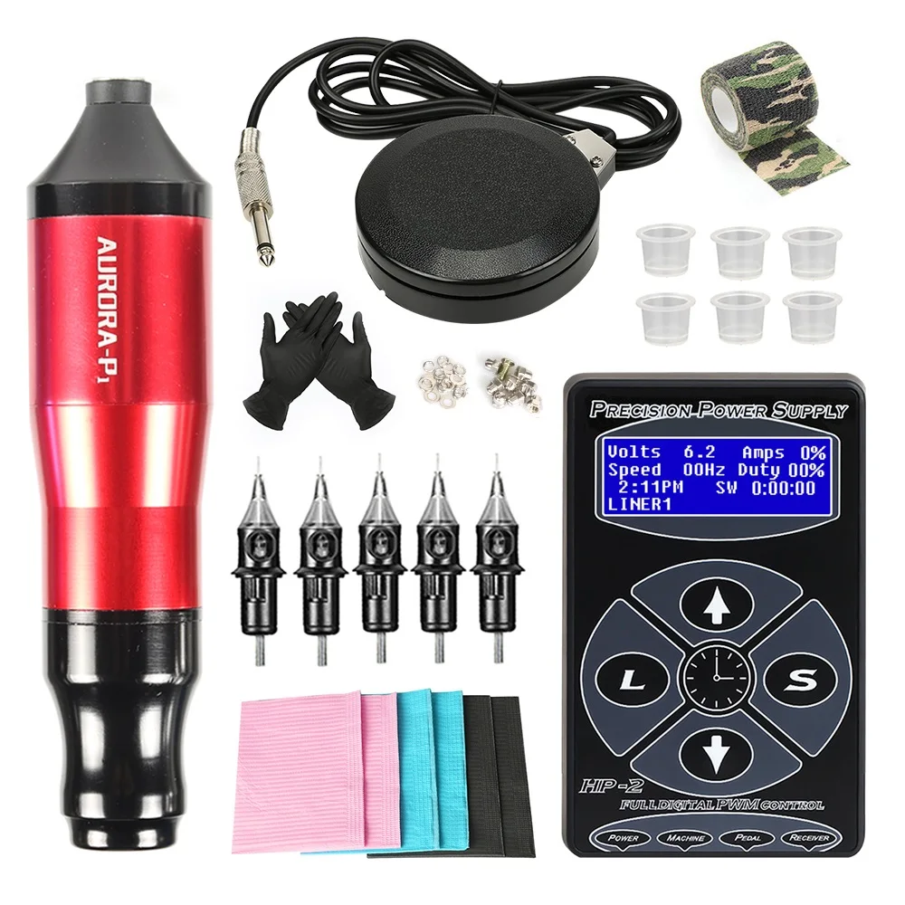 

Aurora Tattoo Machine Set LCD Screen Tattoo Power Supply With 5pcs Cartridges Needles Permanent Makeup Rotary Tattoo Pen Kits